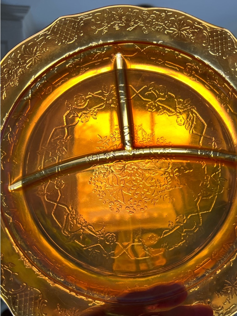 4 Vtg Federal Normandie Marigold Sunburst Carnival Glass Divided Dinner Plates - Picture 10 of 10